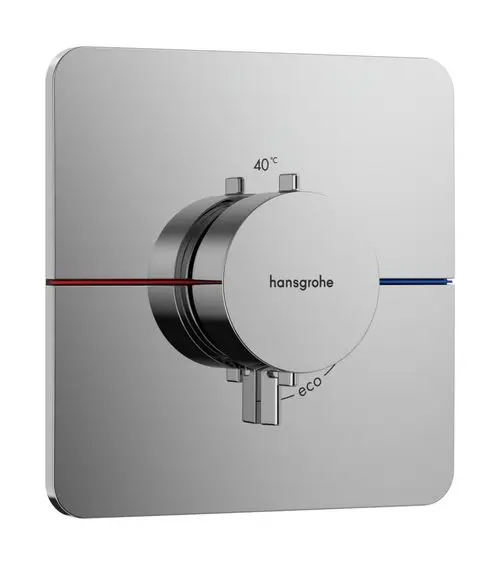 Thermostat für die Dusche mit einem runden Drehknopf und Temperaturmarkierungen. Die Marke Hansgrohe ist auf der Vorderseite sichtbar. Farbige Akzente repräsentieren warmes und kaltes Wasser.